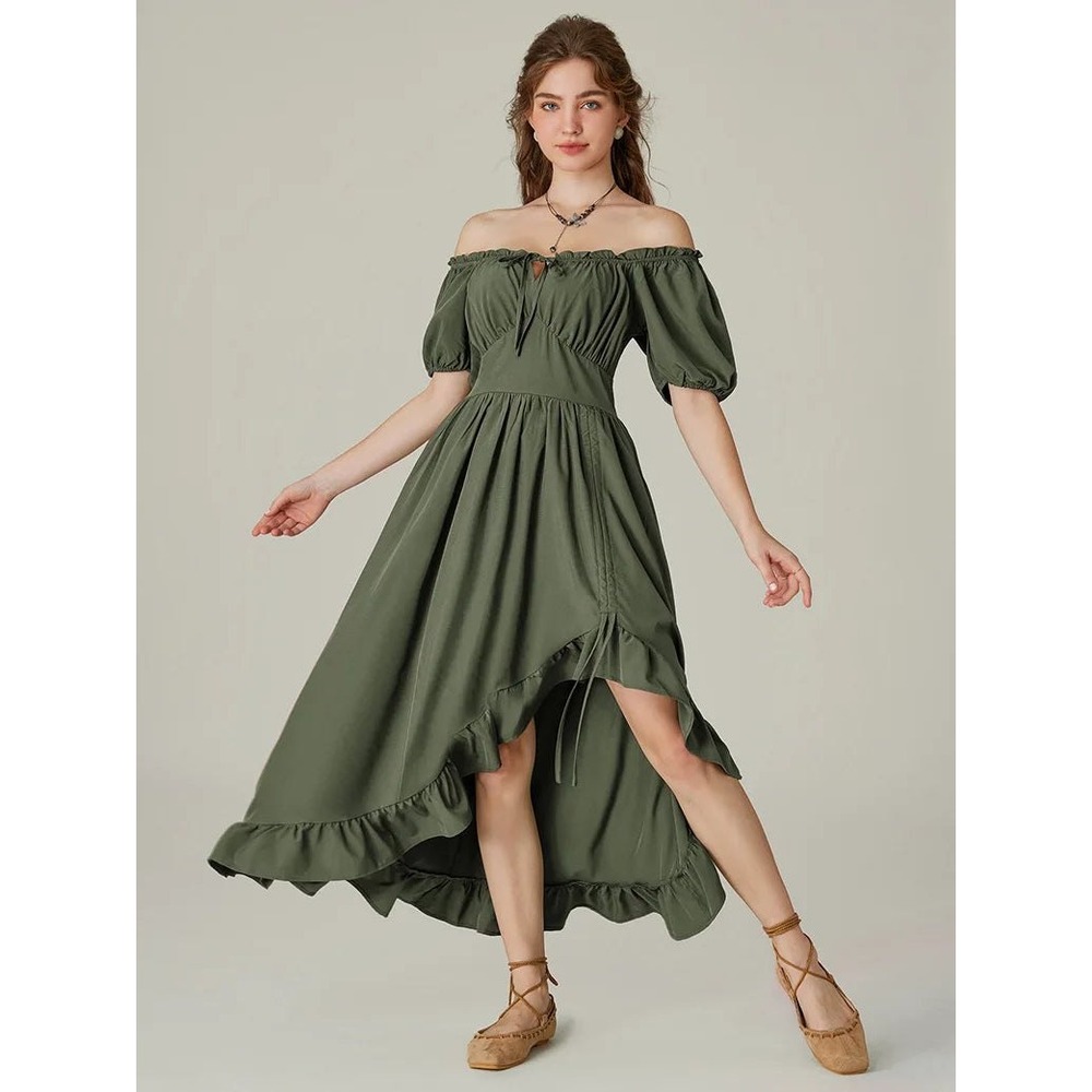Scarlet Darkness Victorian Square Neck Drawstring Lace Maxi Dress Olive Green M